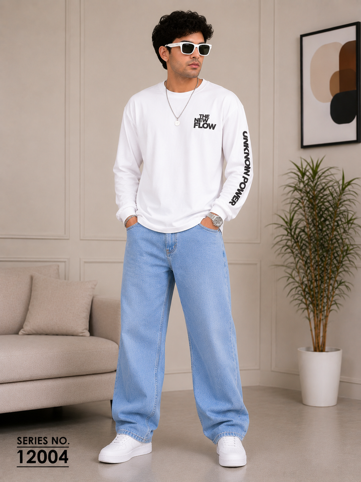 YJ FASHION Men's Straight Fit Light Blue Baggy Jeans