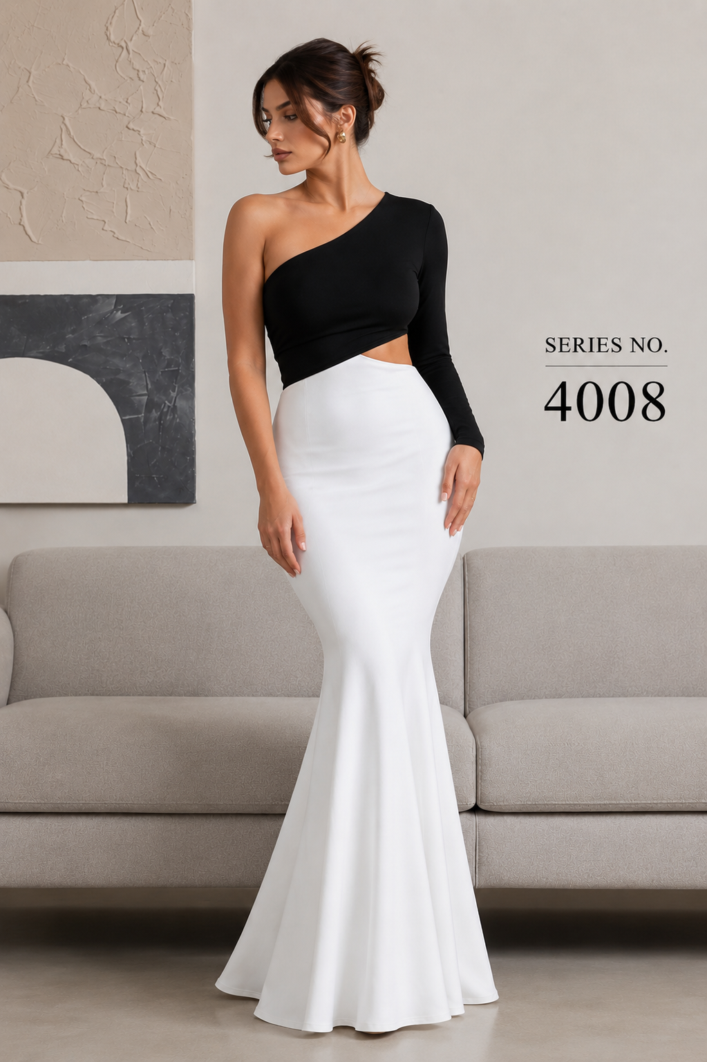 YJ FASHION Black & White One-Shoulder Cut-Out Mermaid Maxi Gown - Series 4008