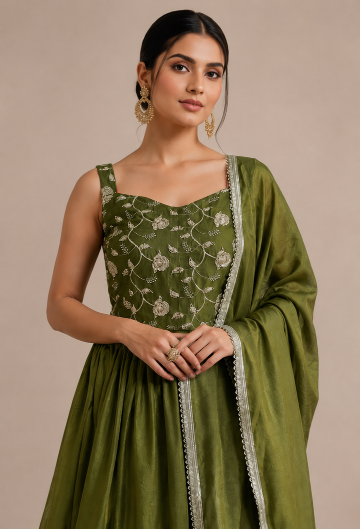 olive green embroidered crop top sharara set golden lace border dupatta