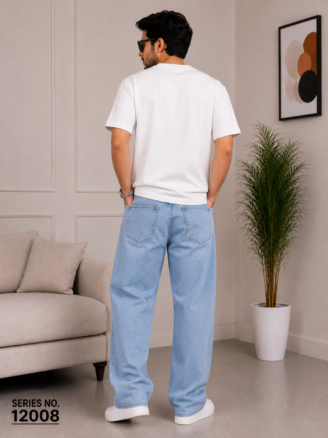 YJ FASHION Men's Loose Fit Mid Rise Light Blue Jeans