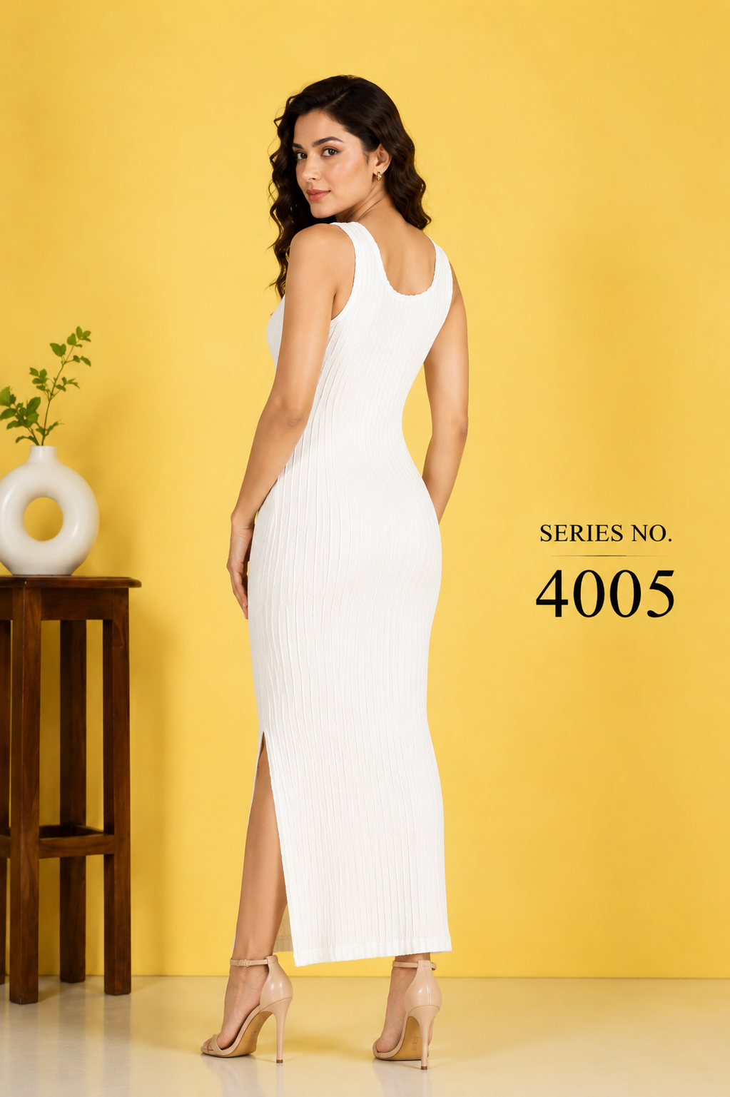 YJ FASHION White Sleeveless Ribbed Bodycon Midi Dress with Front Slit - Series 4005