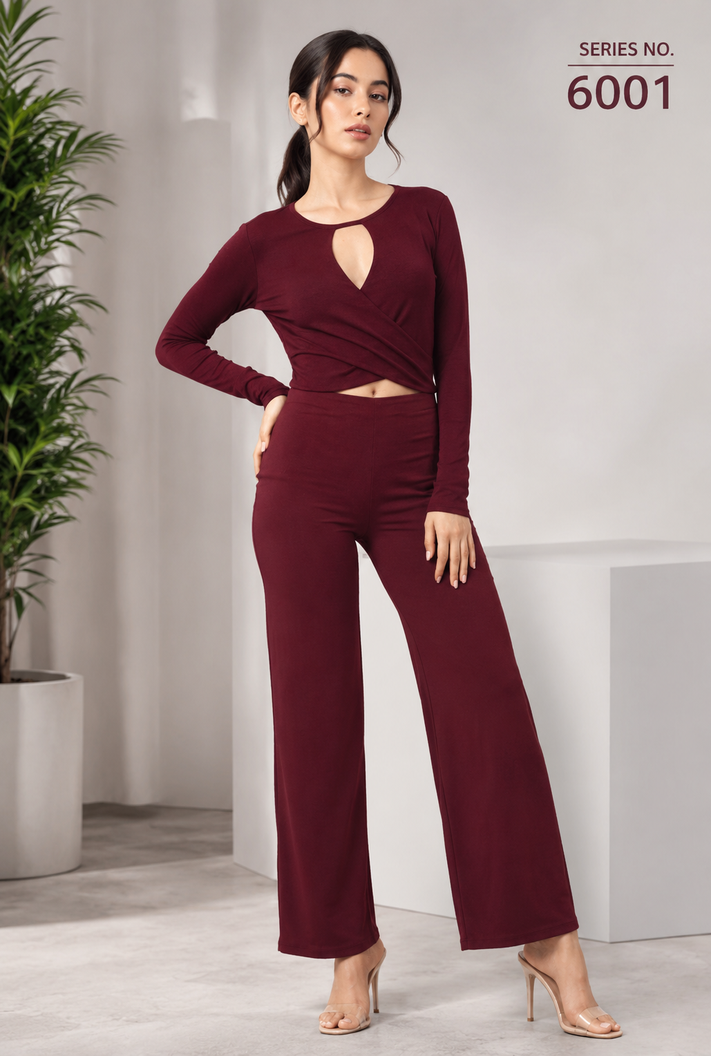 YJ FASHION Maroon Keyhole Cut-Out Wrap Crop Top Co-ord Set - Series 6001