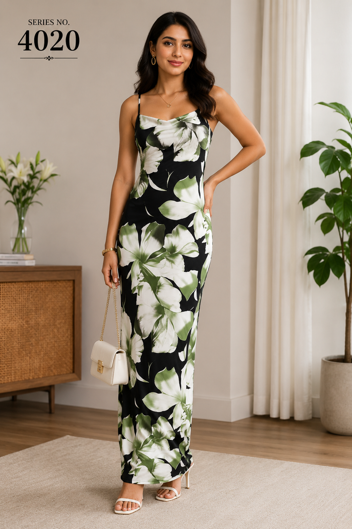 YJ FASHION Black White Floral Spaghetti Strap Maxi Dress
