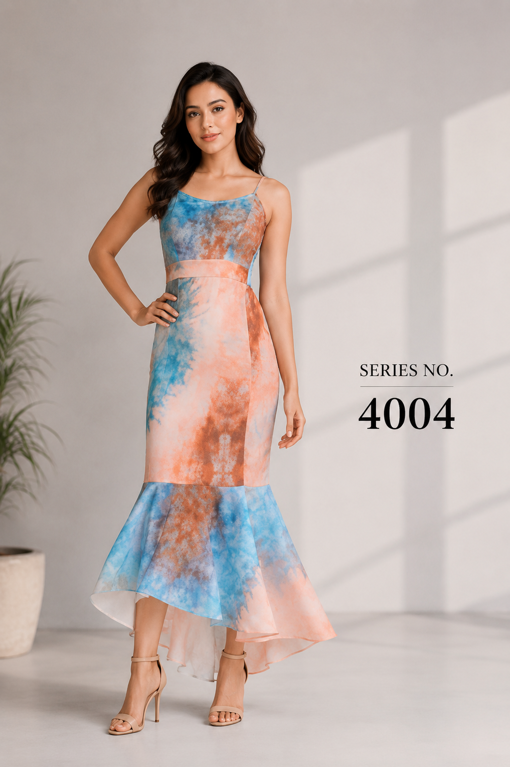 YJ FASHION Blue-Orange Tie-Dye Spaghetti Strap Mermaid Midi Dress - Series 4004