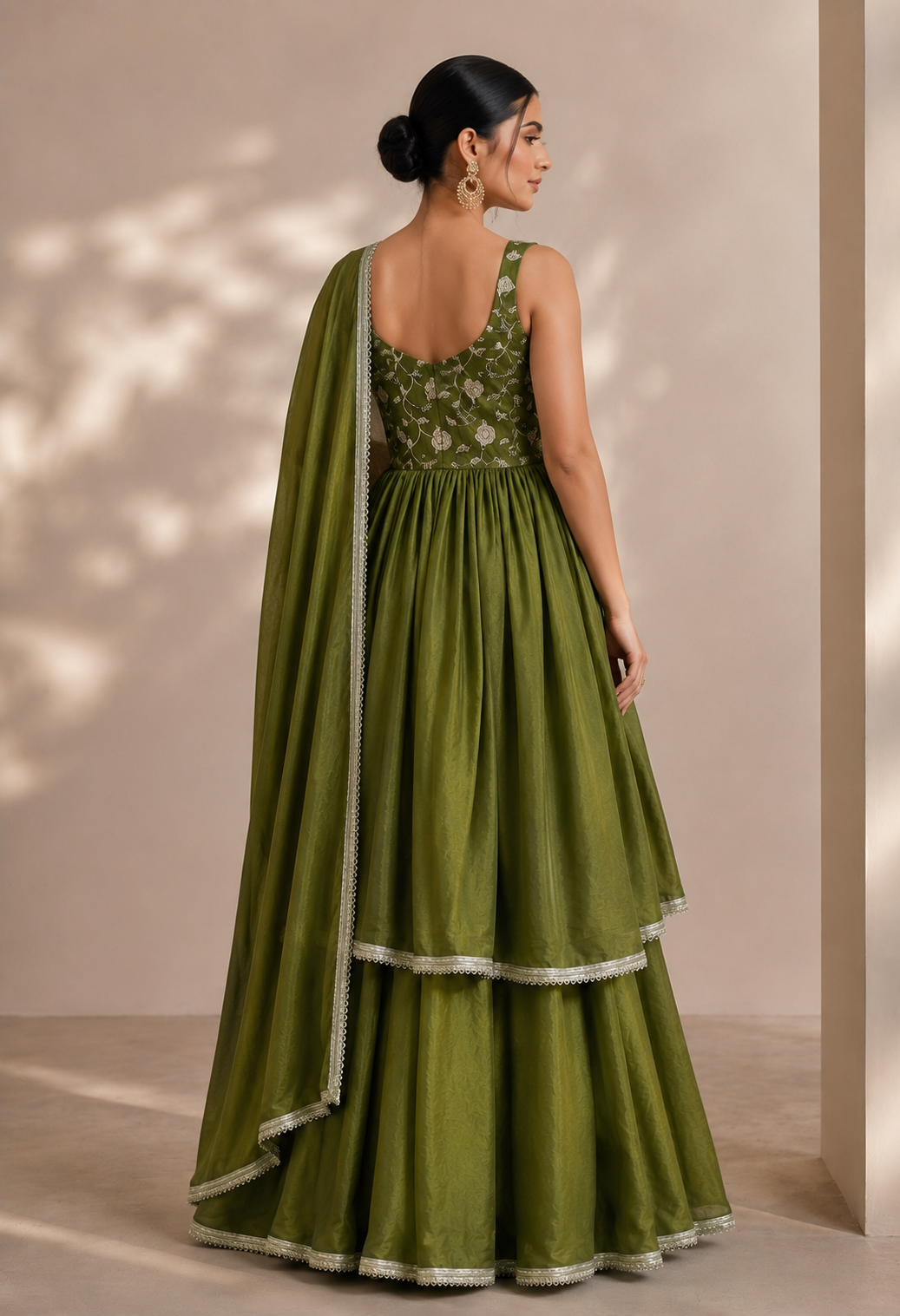 olive green embroidered crop top sharara set golden lace border dupatta