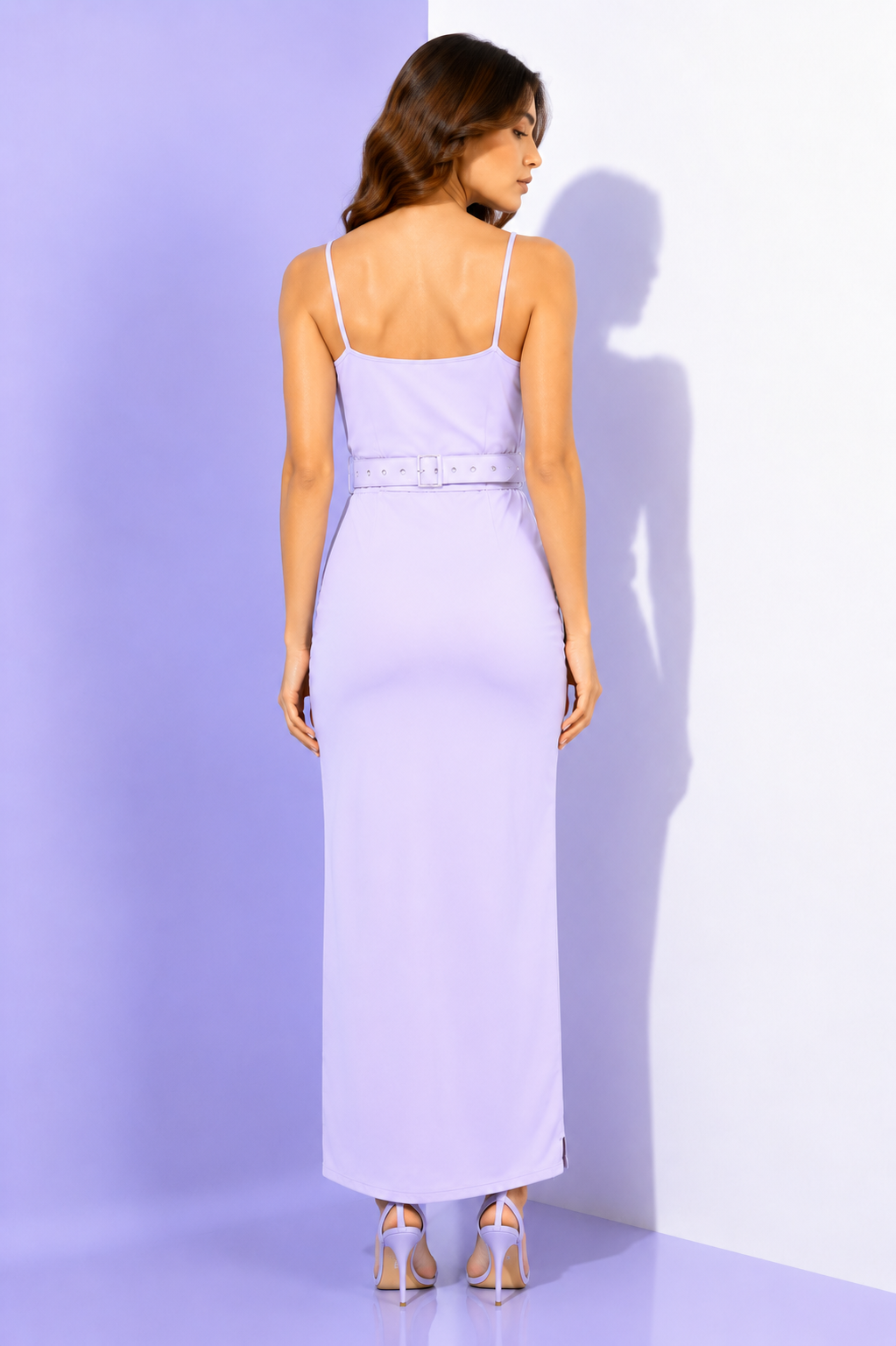 YJ FASHION Lavender Spaghetti Strap Belted Bodycon Maxi Dress - Series 4001