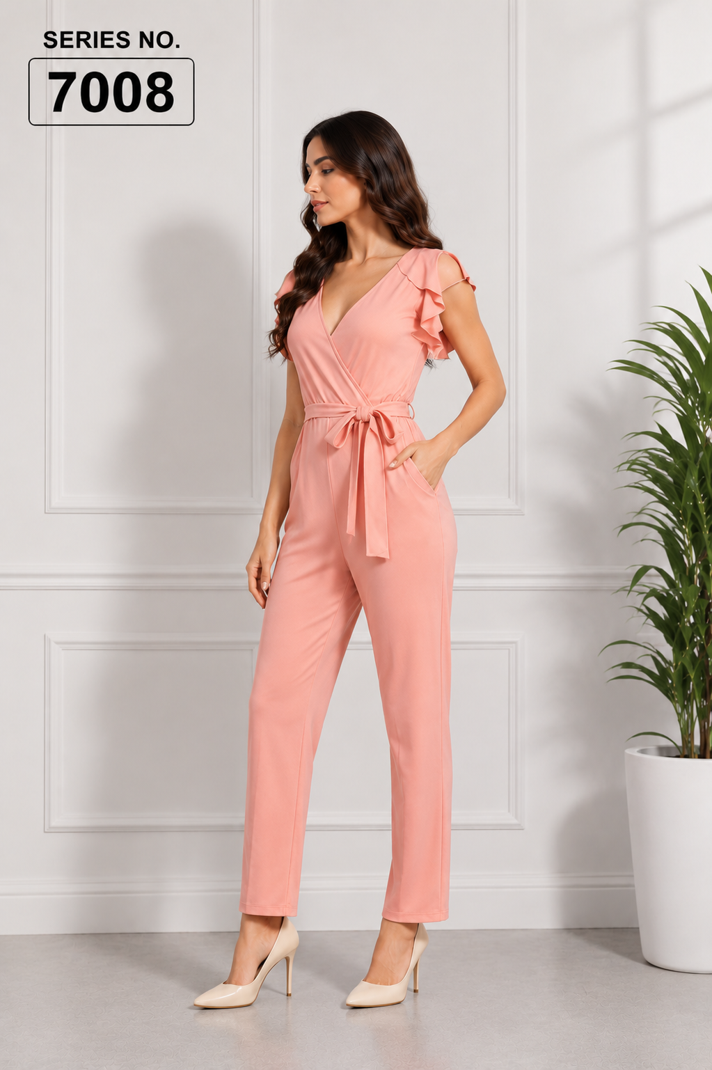 YJ FASHION Peach Wrap V-Neck Ruffle Jumpsuit