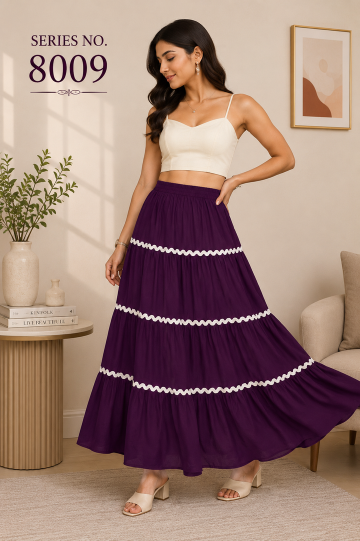 YJ FASHION Plum Tiered Maxi Skirt With White Lace Trim