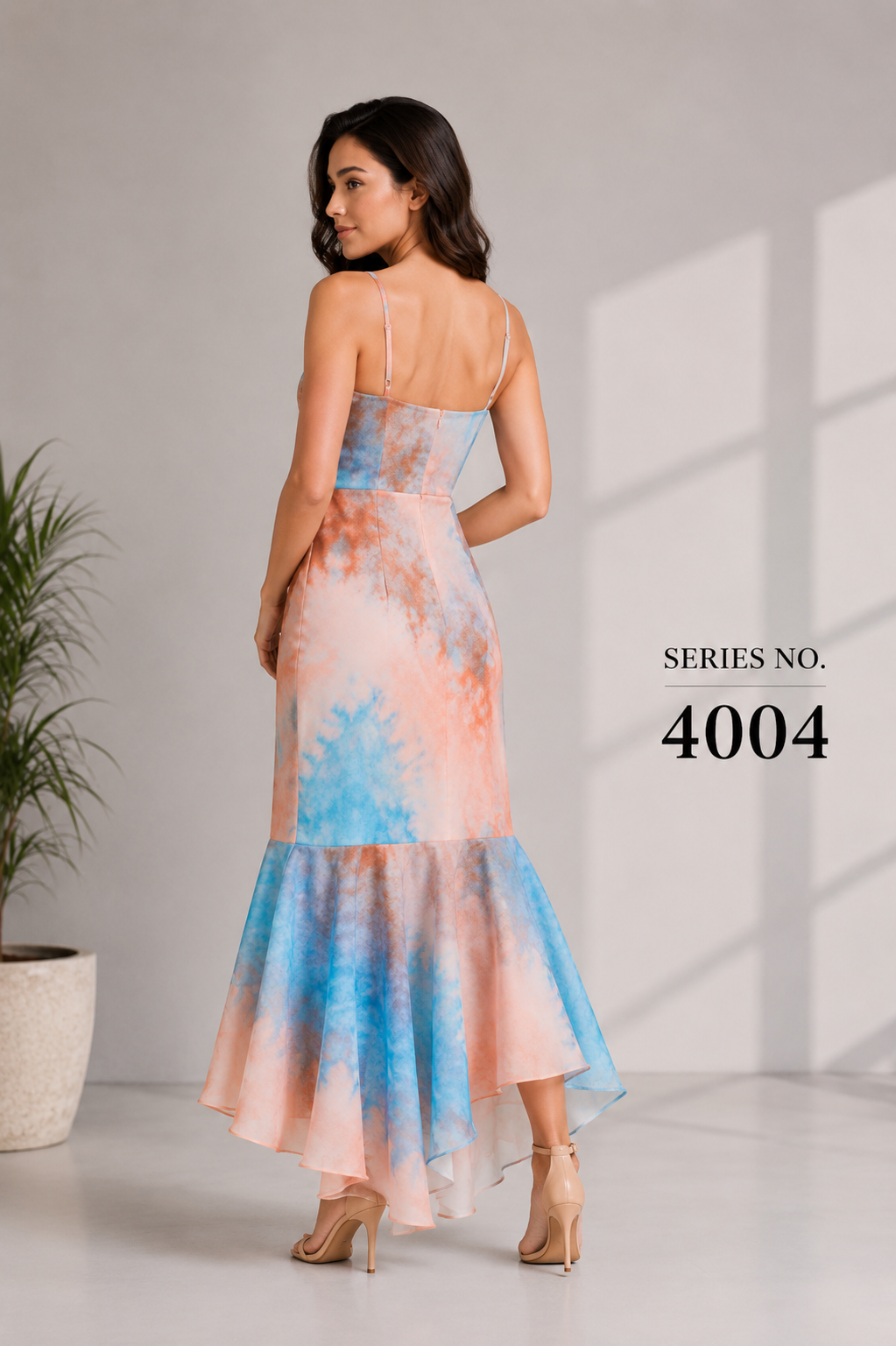 YJ FASHION Blue-Orange Tie-Dye Spaghetti Strap Mermaid Midi Dress - Series 4004