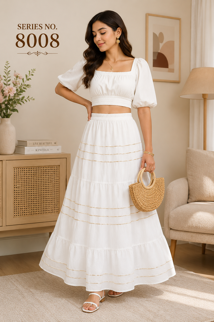 YJ FASHION White Tiered Maxi Skirt With Gold Stripes