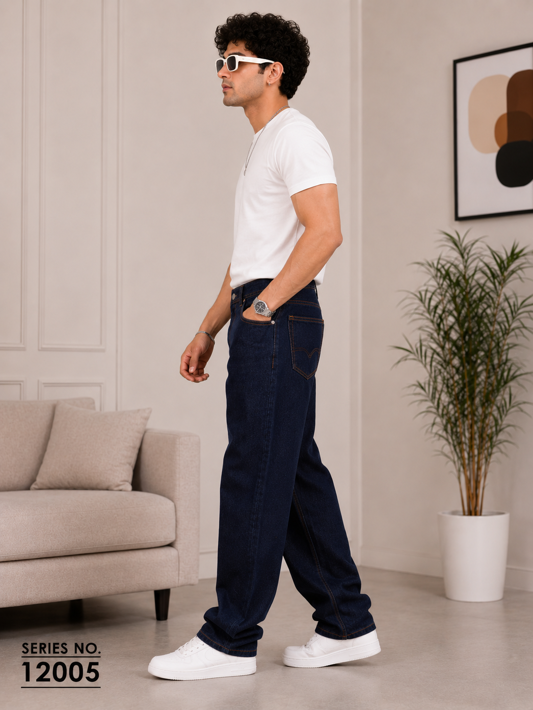 YJ FASHION Men's Relaxed Fit Dark Indigo Straight Jeans