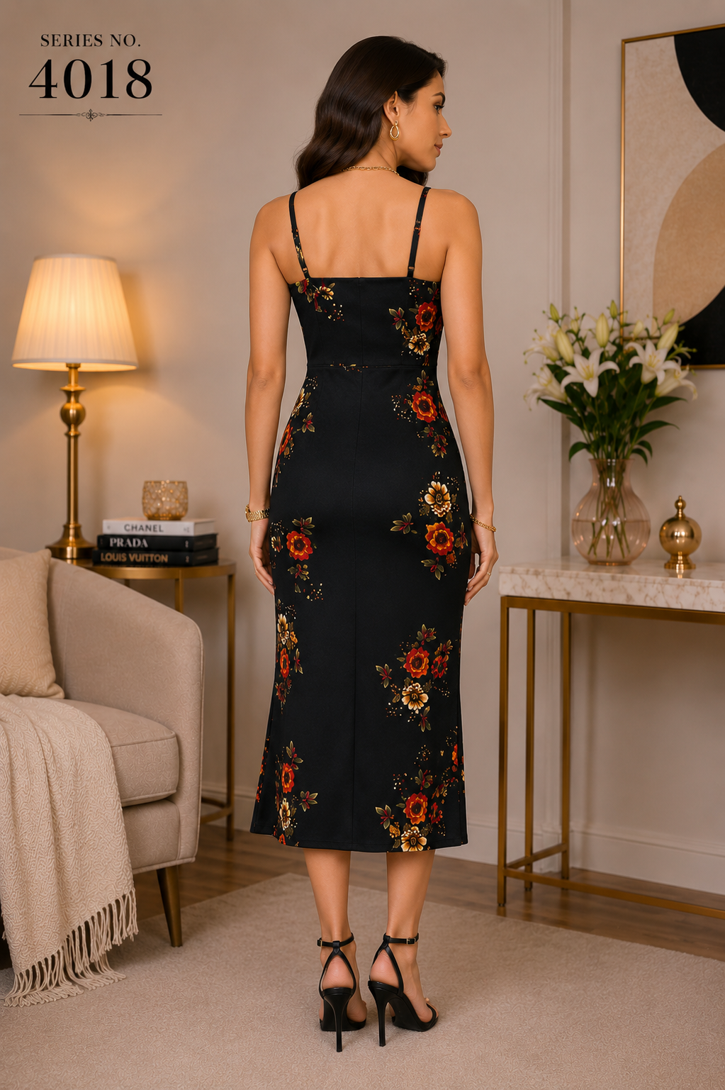 YJ FASHION Black Floral Cowl Neck Midi Dress
