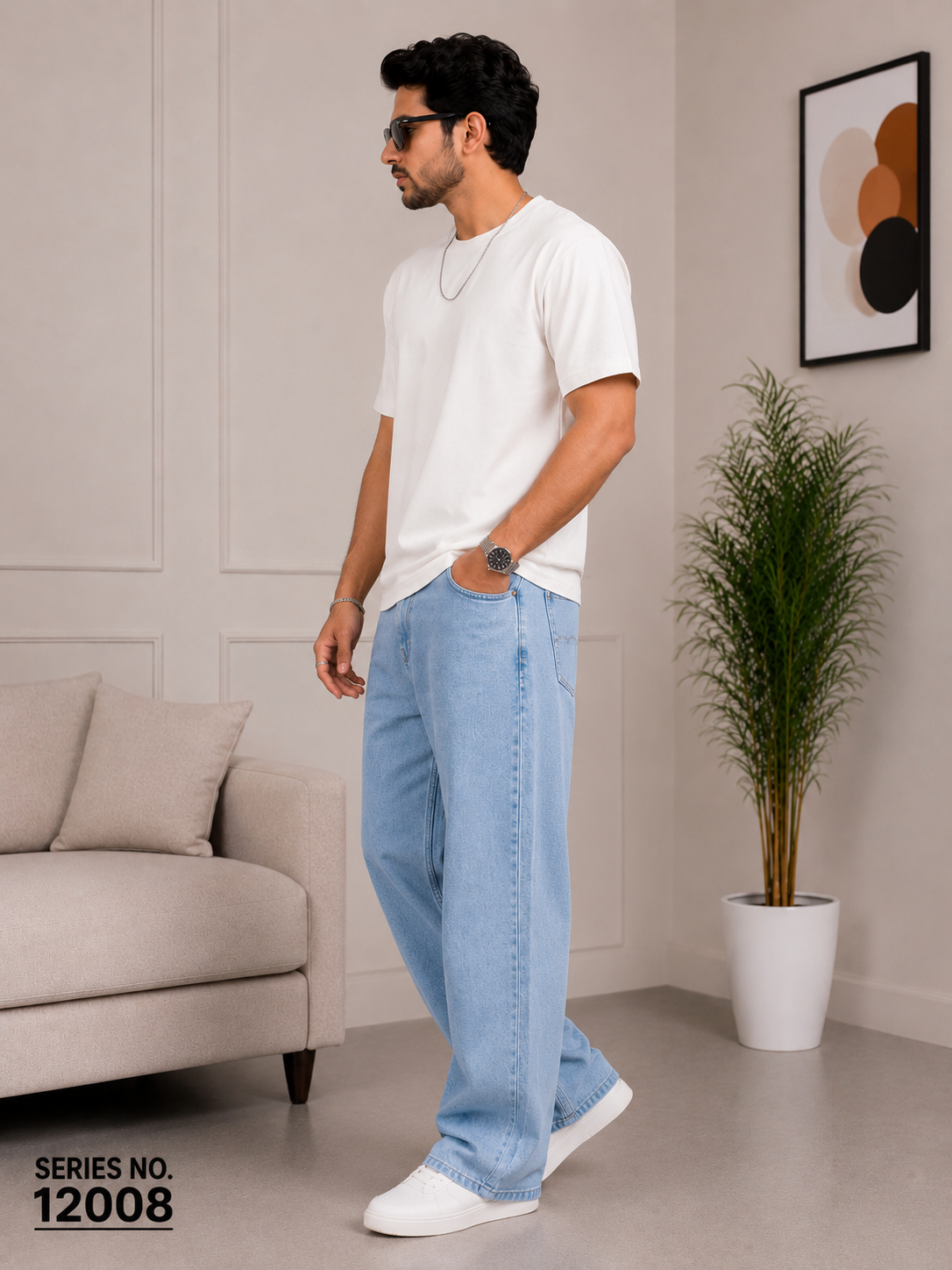 YJ FASHION Men's Loose Fit Mid Rise Light Blue Jeans