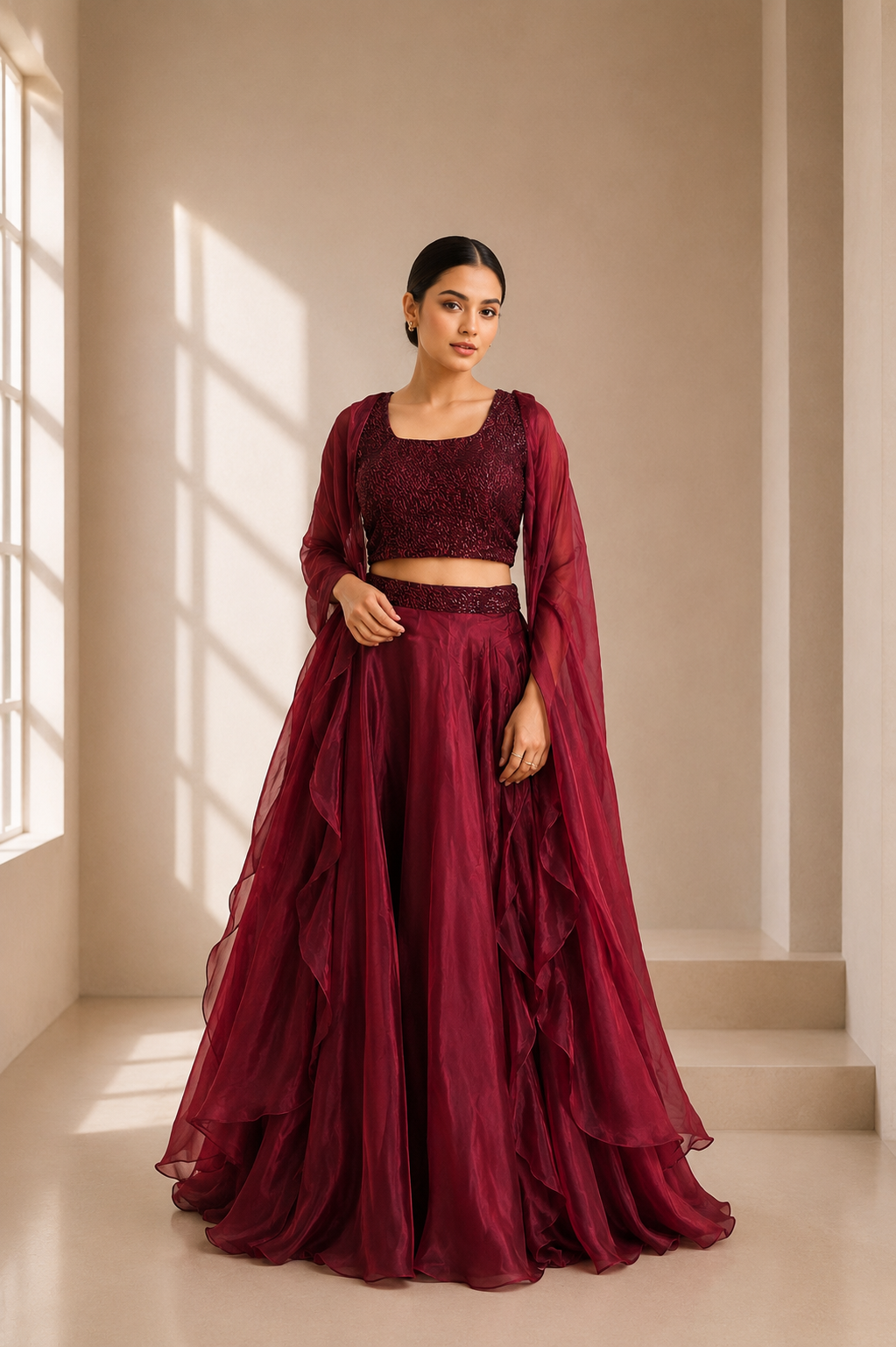 Maroon ruffle organza lahenga set with sequin embroidered crop top and sheer dupatta