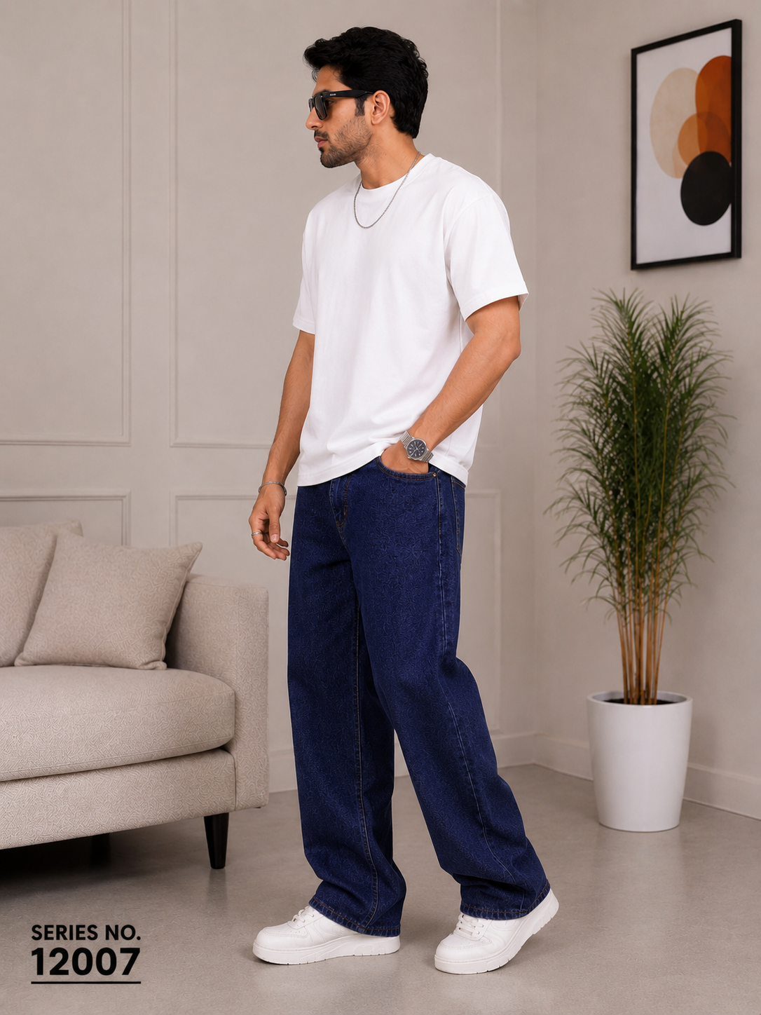 YJ FASHION Men's Loose Fit Mid Rise Dark Blue Jeans