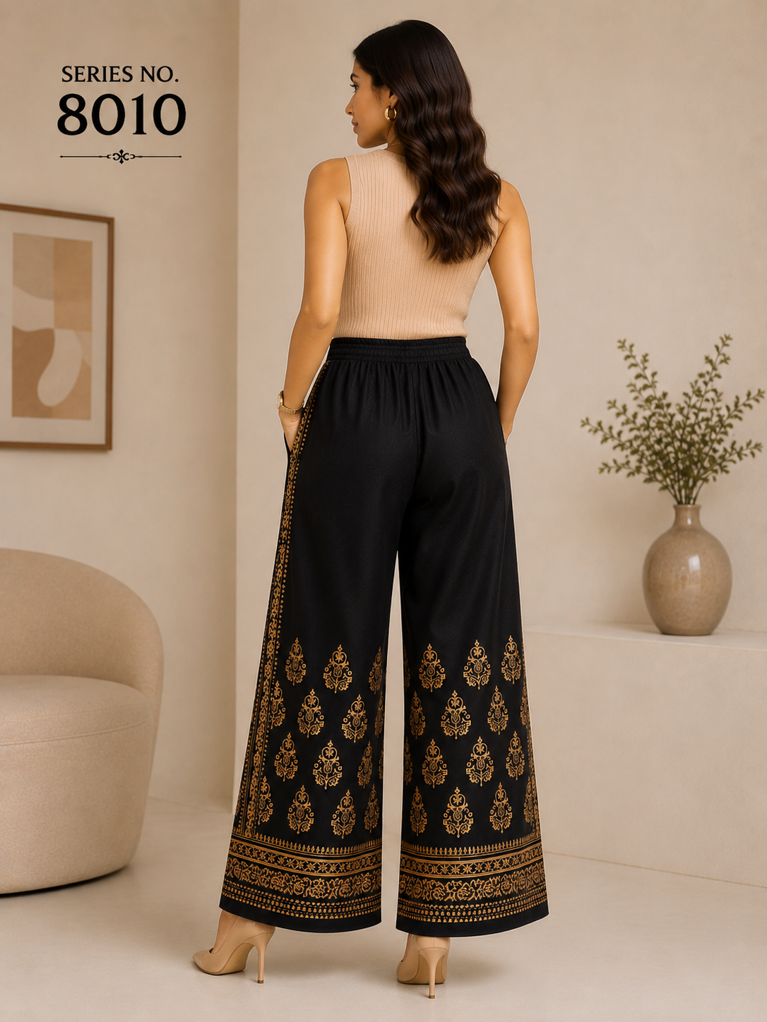 YJ FASHION Black Wide Leg Palazzo Pants With Gold Print
