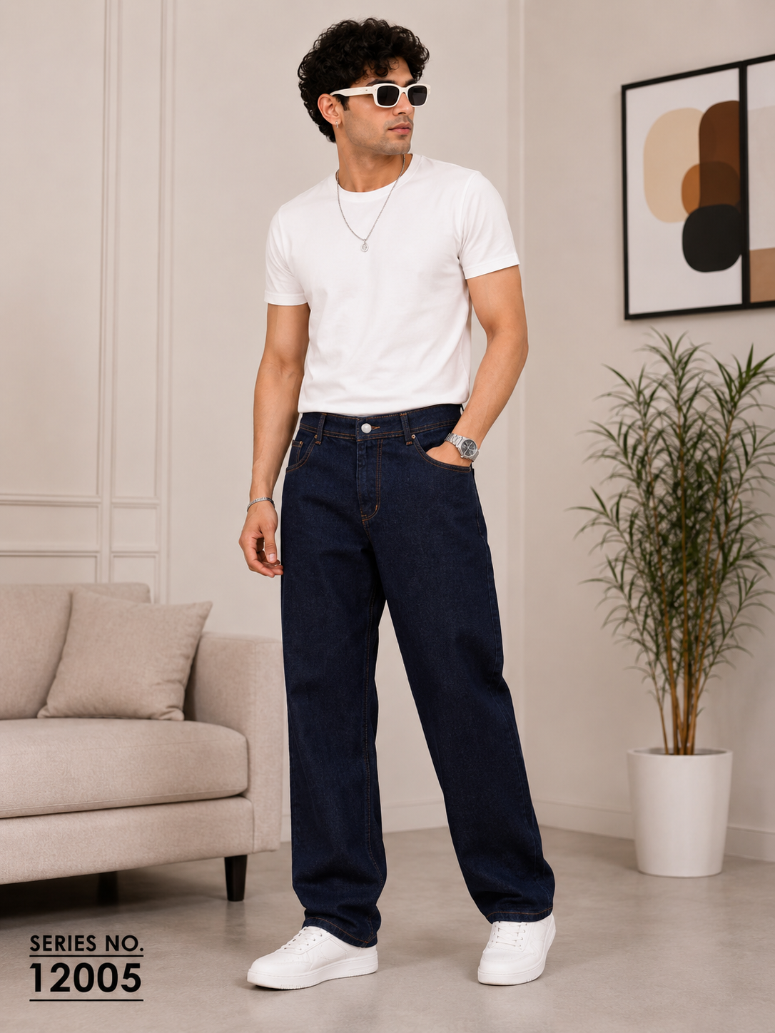YJ FASHION Men's Relaxed Fit Dark Indigo Straight Jeans