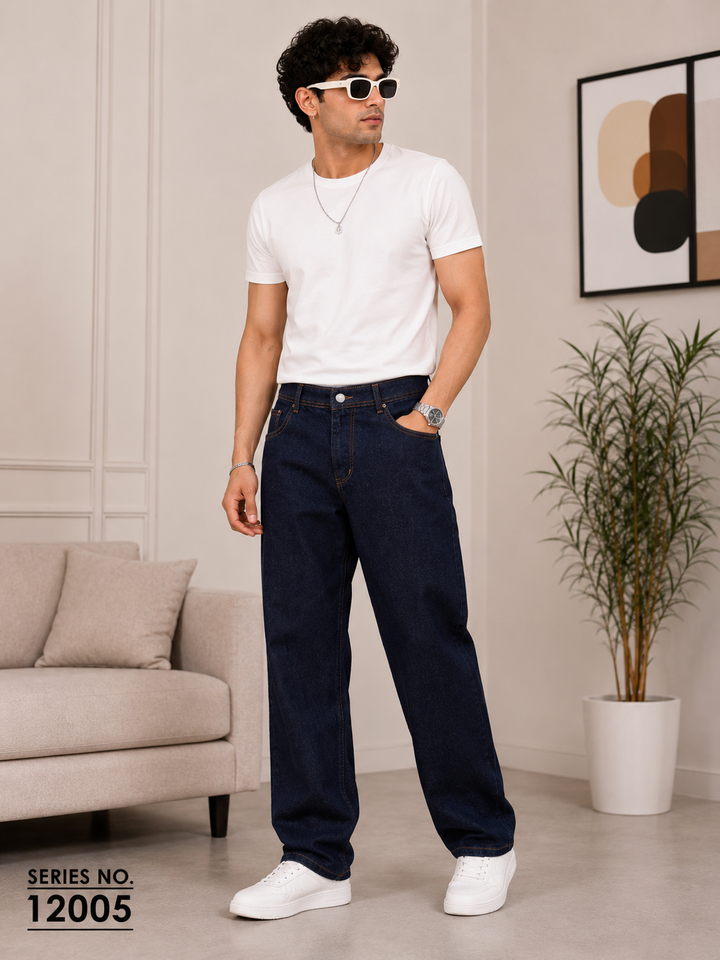 YJ FASHION Men's Relaxed Fit Dark Indigo Straight Jeans
