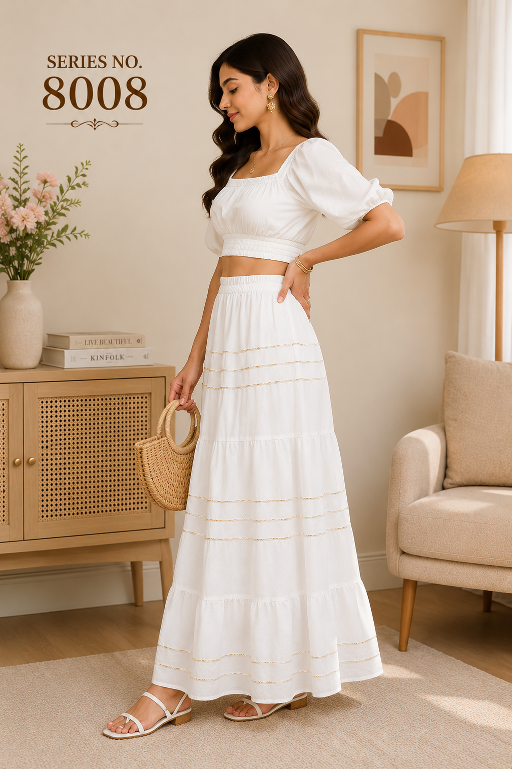 YJ FASHION White Tiered Maxi Skirt With Gold Stripes