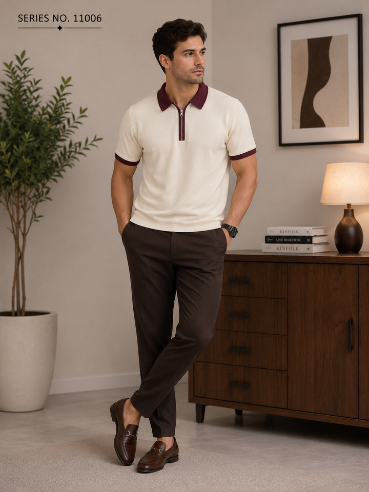 YJ FASHION Men's Contrast Collar Zip Placket Polo T-Shirt