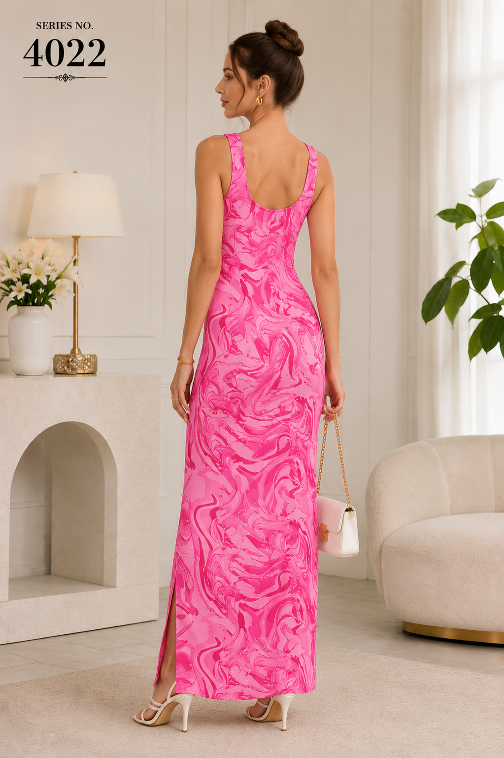 YJ FASHION Pink Swirl Print Square Neck Slit Maxi Dress