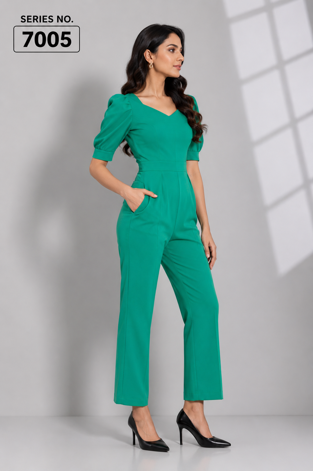 YJ FASHION Green Puff Sleeve Sweetheart Jumpsuit