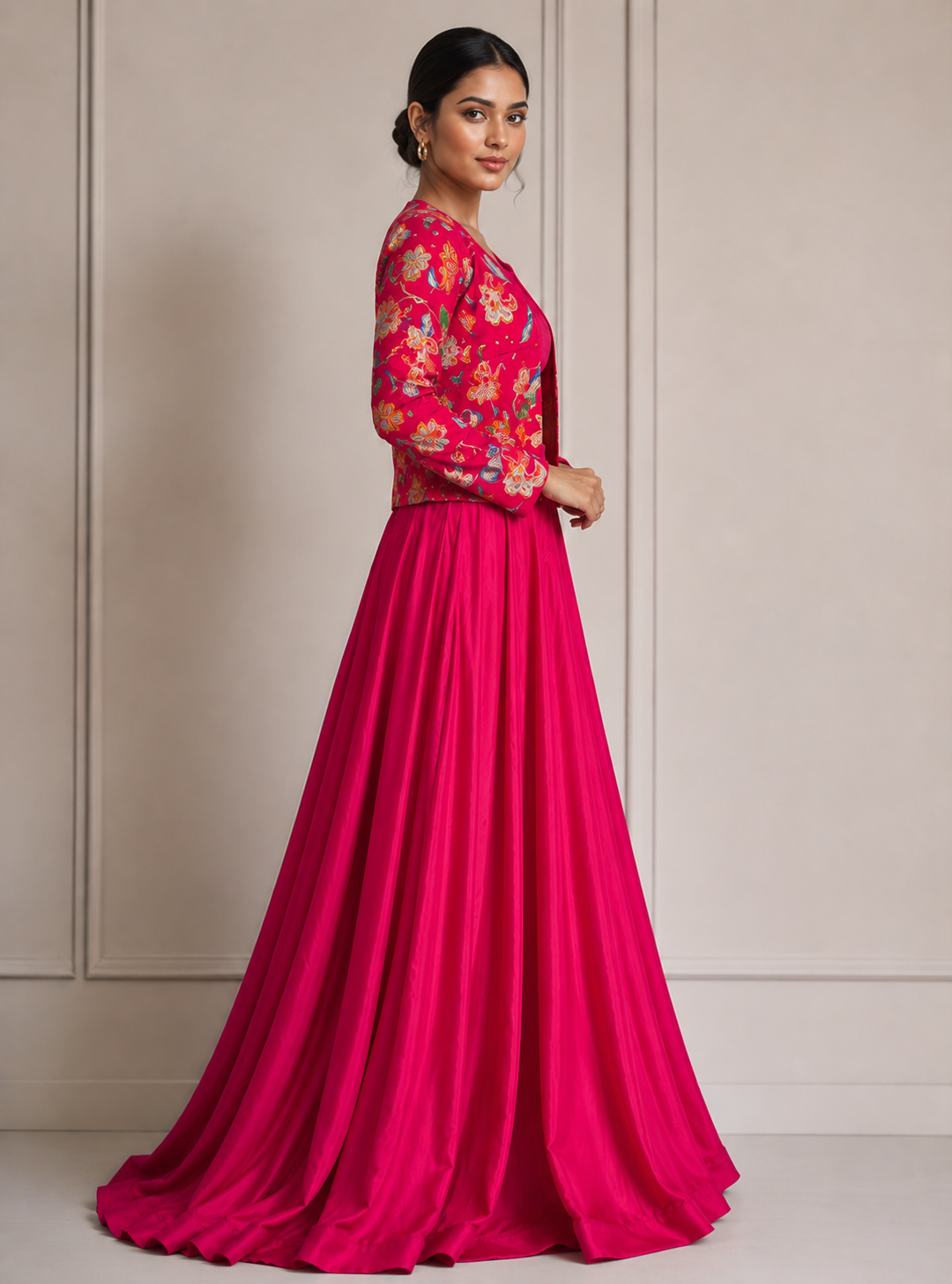 fuchsia pink plain satin lahenga set with multi-color floral printed jacket
