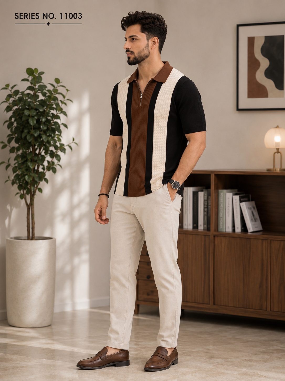 YJ FASHION Men's Cable Knit Colourblock Zip Polo T-Shirt
