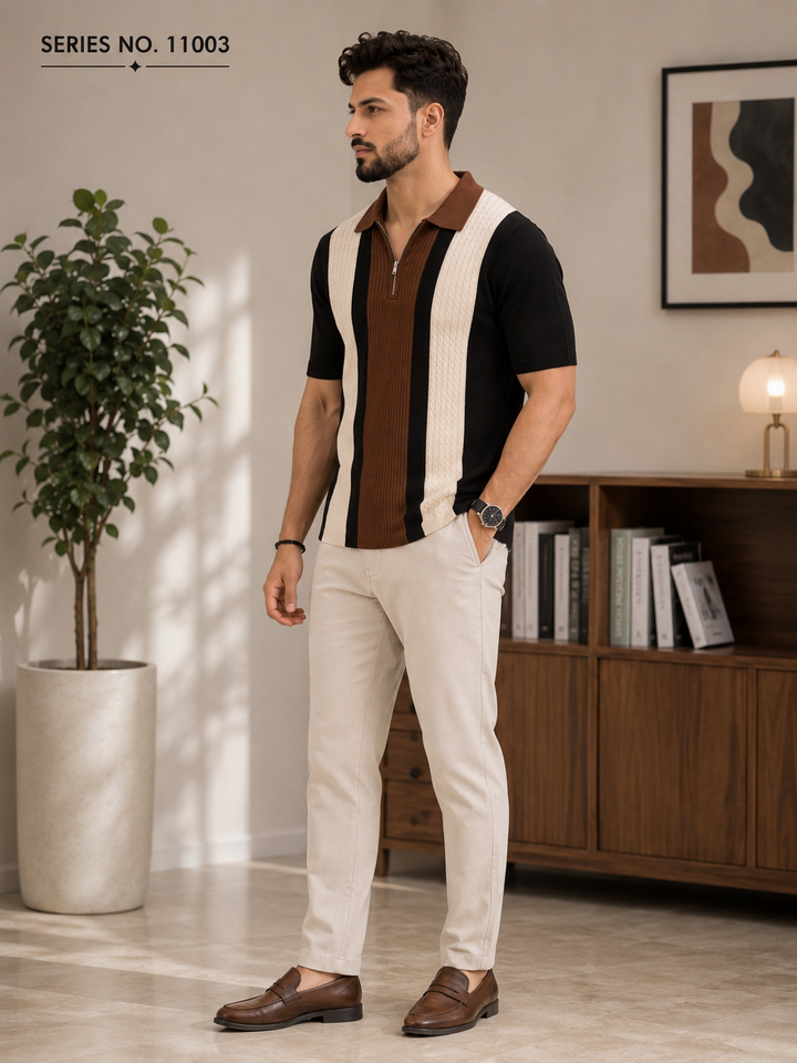 YJ FASHION Men's Cable Knit Colourblock Zip Polo T-Shirt