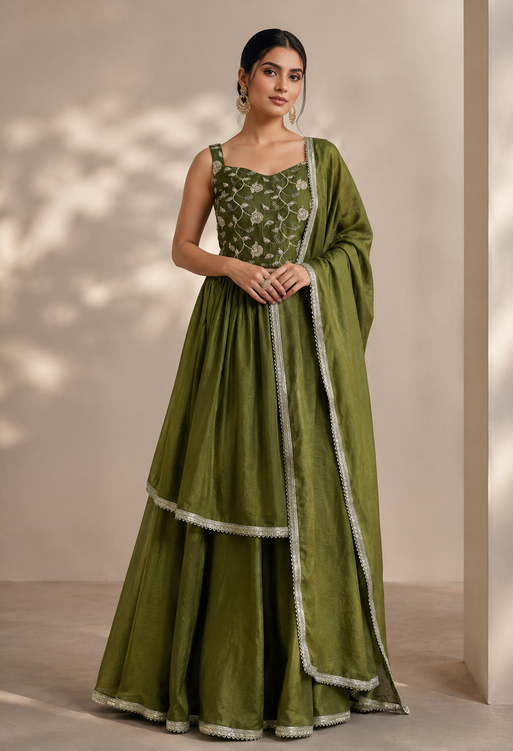 olive green embroidered crop top sharara set golden lace border dupatta