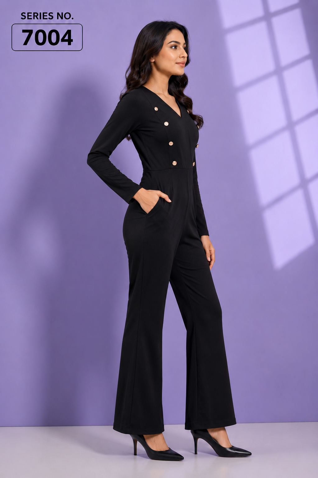 YJ FASHION Black V-Neck Double Button Jumpsuit