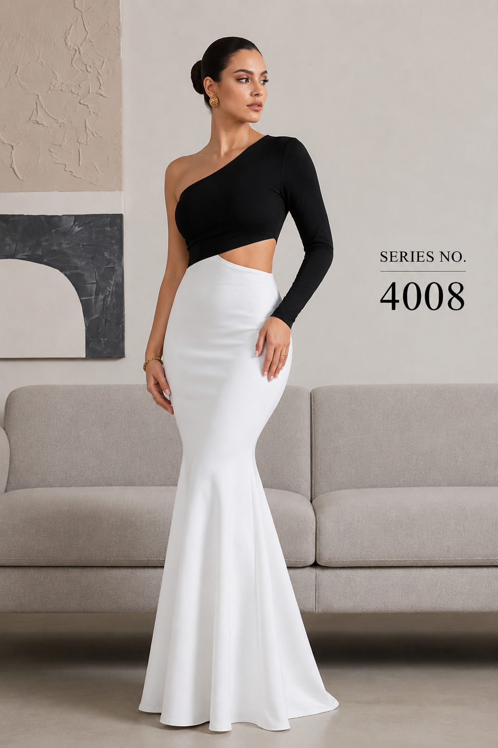 YJ FASHION Black & White One-Shoulder Cut-Out Mermaid Maxi Gown - Series 4008