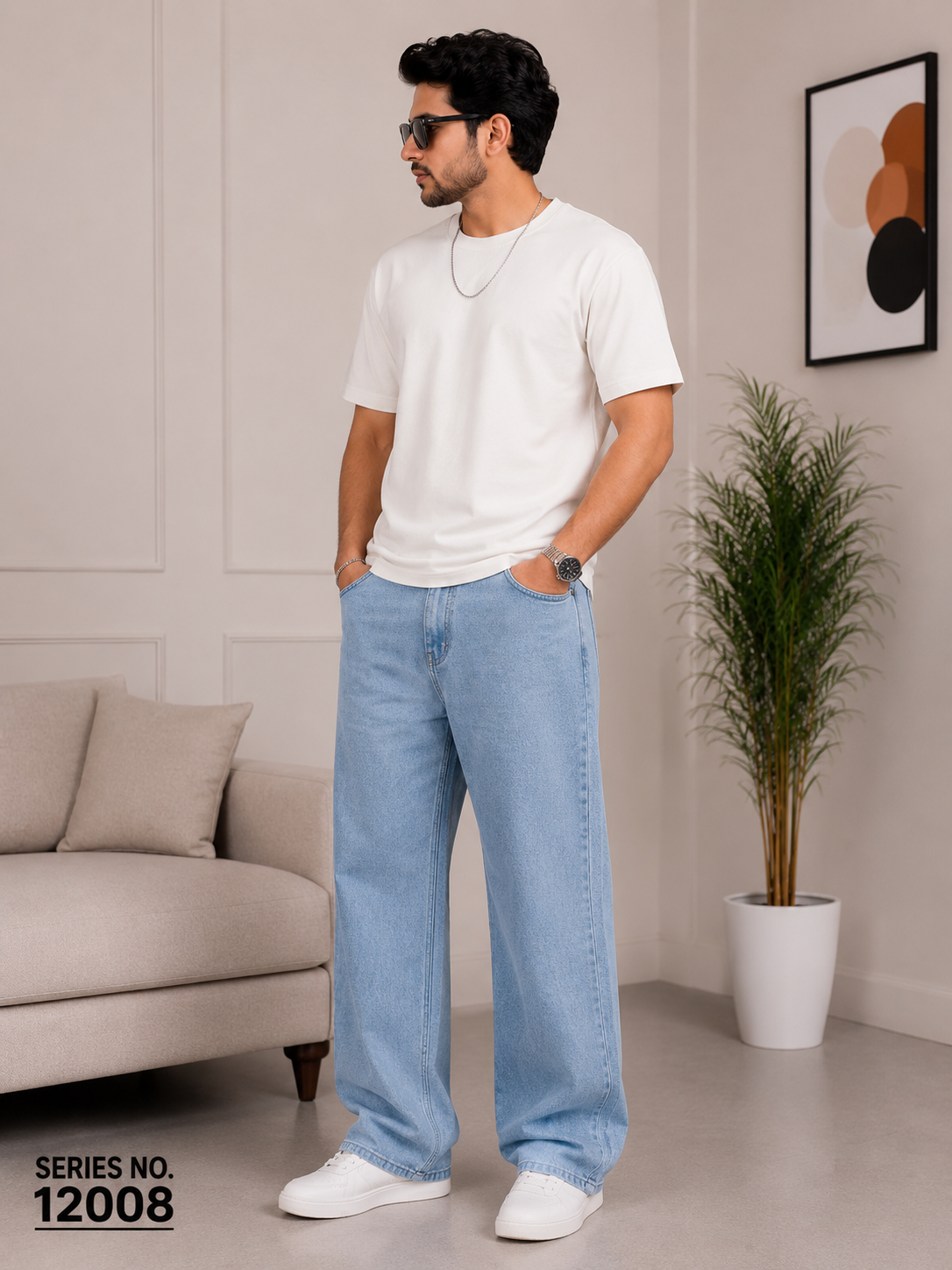 YJ FASHION Men's Loose Fit Mid Rise Light Blue Jeans