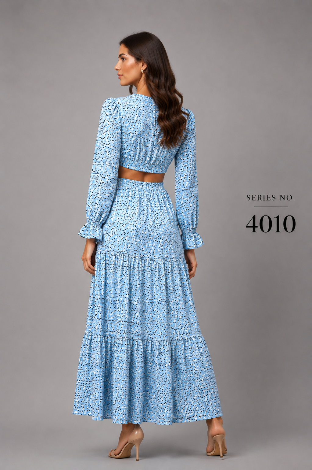 YJ FASHION Sky Blue Floral Print Cut-Out Tiered Maxi Dress - Series 4010