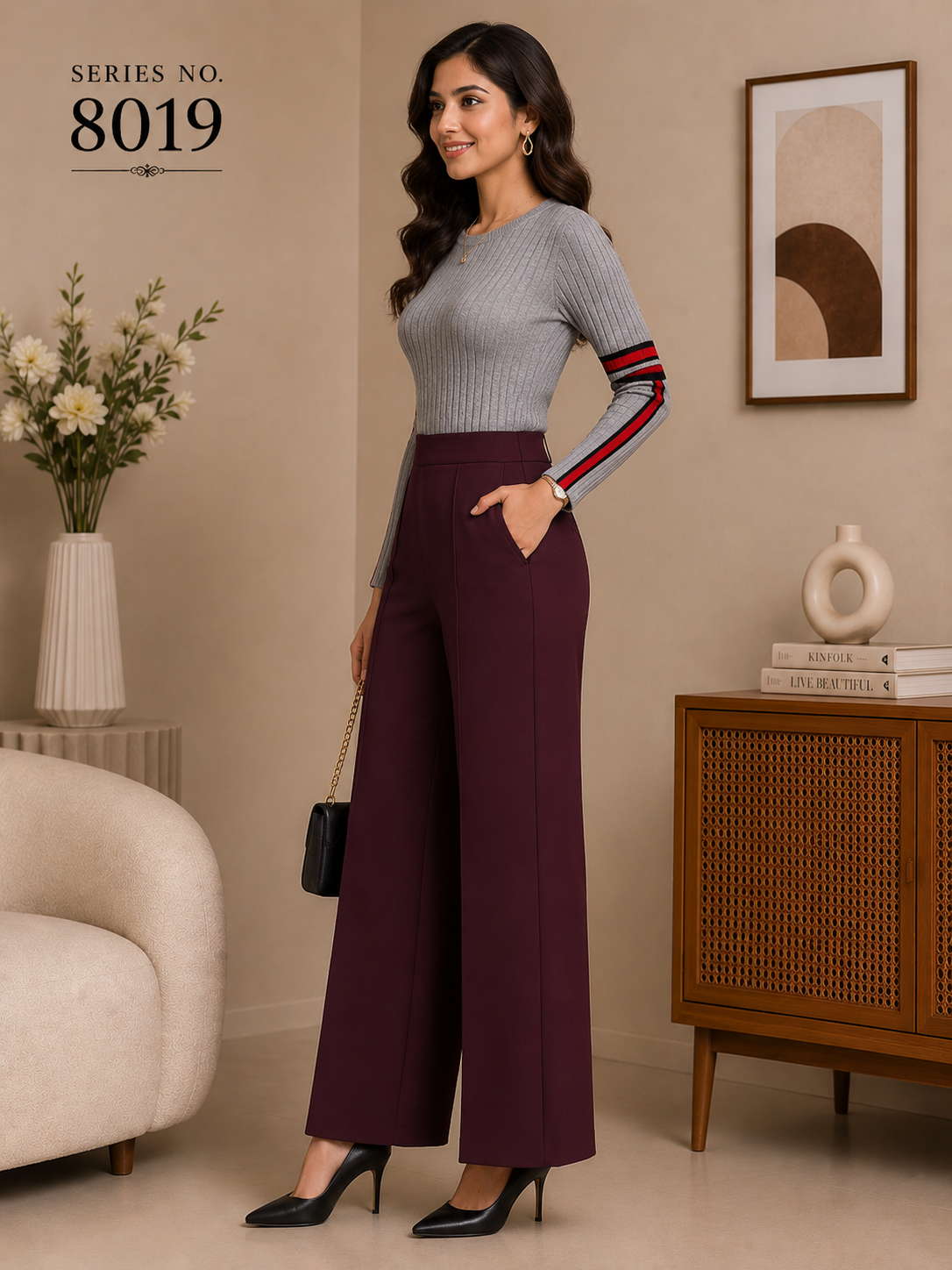 YJ FASHION Maroon High Waist Formal Palazzo Pants