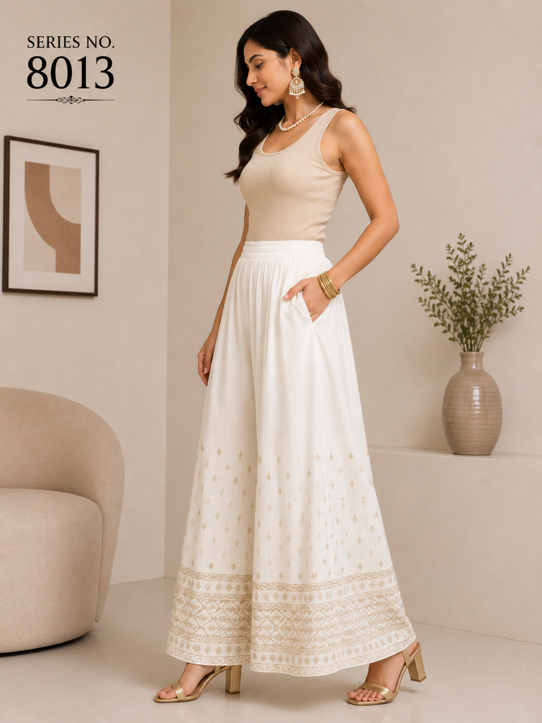 YJ FASHION White Embroidered Border Wide Leg Palazzo Pants