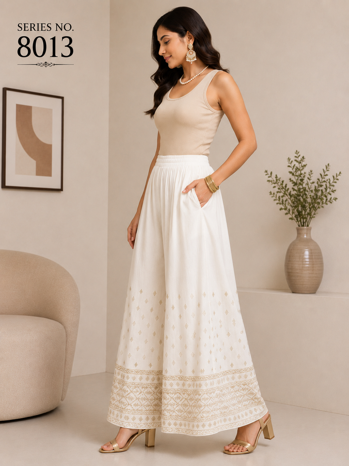 YJ FASHION White Embroidered Border Wide Leg Palazzo Pants