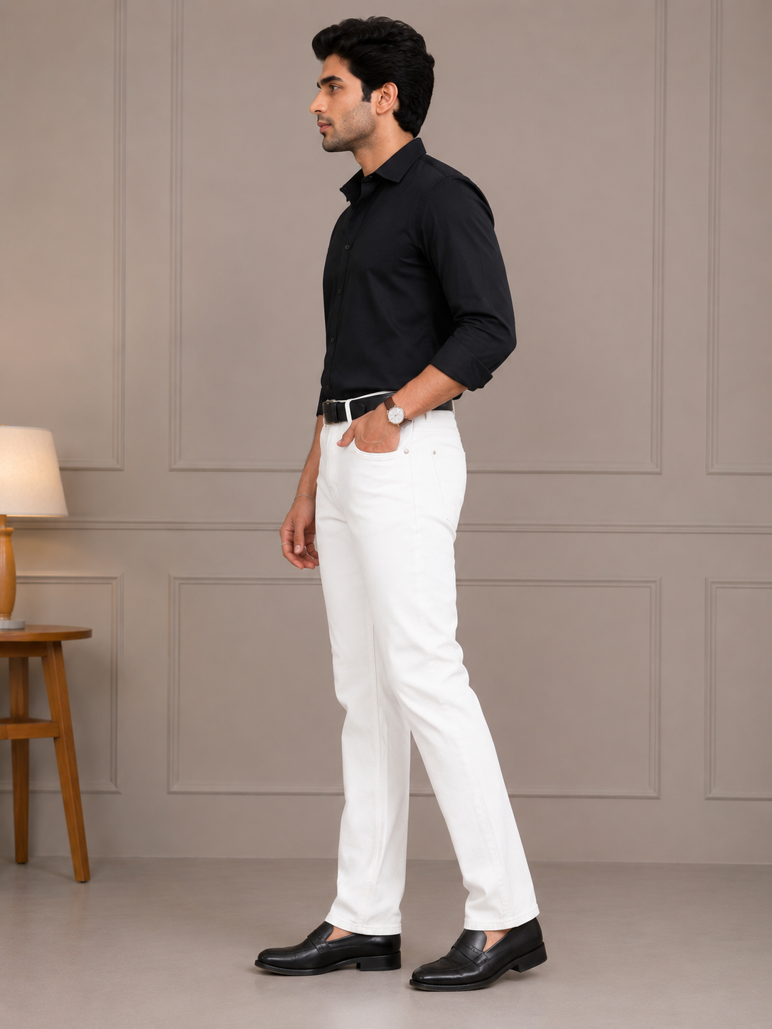 YJ FASHION Men's Slim Fit Solid White Stretch Jeans