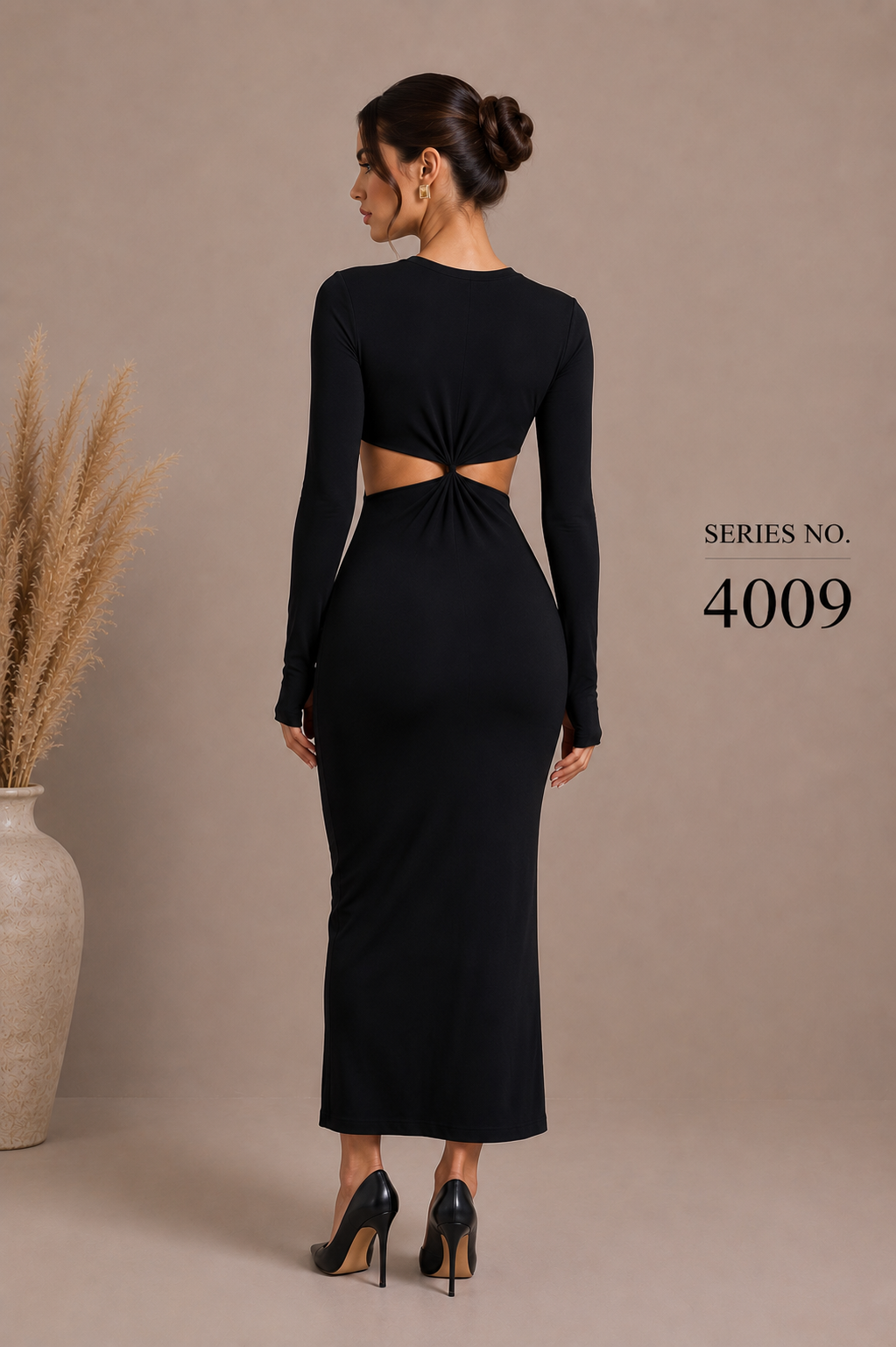 YJ FASHION Black Full Sleeve Cut-Out Twist Bodycon Midi Dress - Series 4009