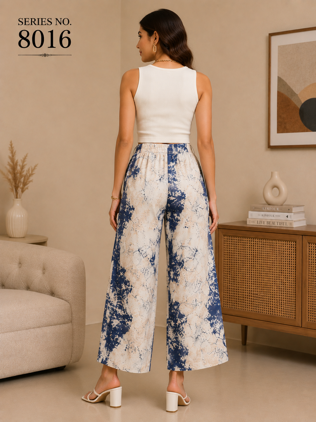YJ FASHION Blue White Printed Wide Leg Palazzo Pants