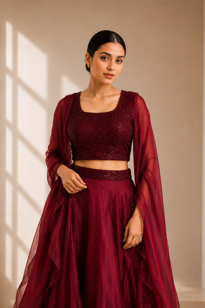 Maroon ruffle organza lahenga set with sequin embroidered crop top and sheer dupatta