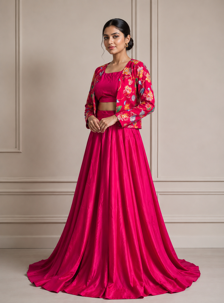 fuchsia pink plain satin lahenga set with multi-color floral printed jacket