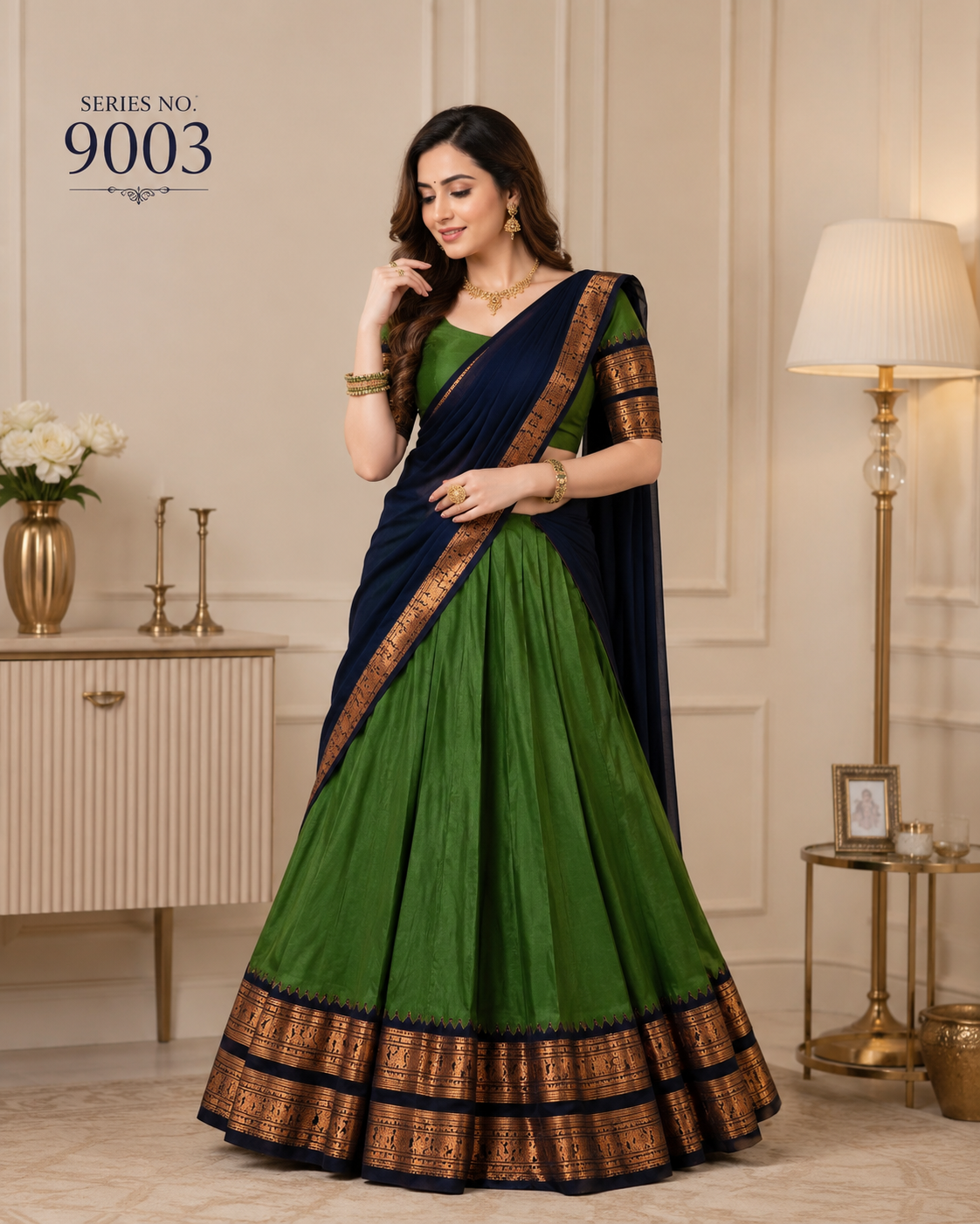 YJ FASHION Green Navy Silk Lehenga Choli With Zari Border Dupatta