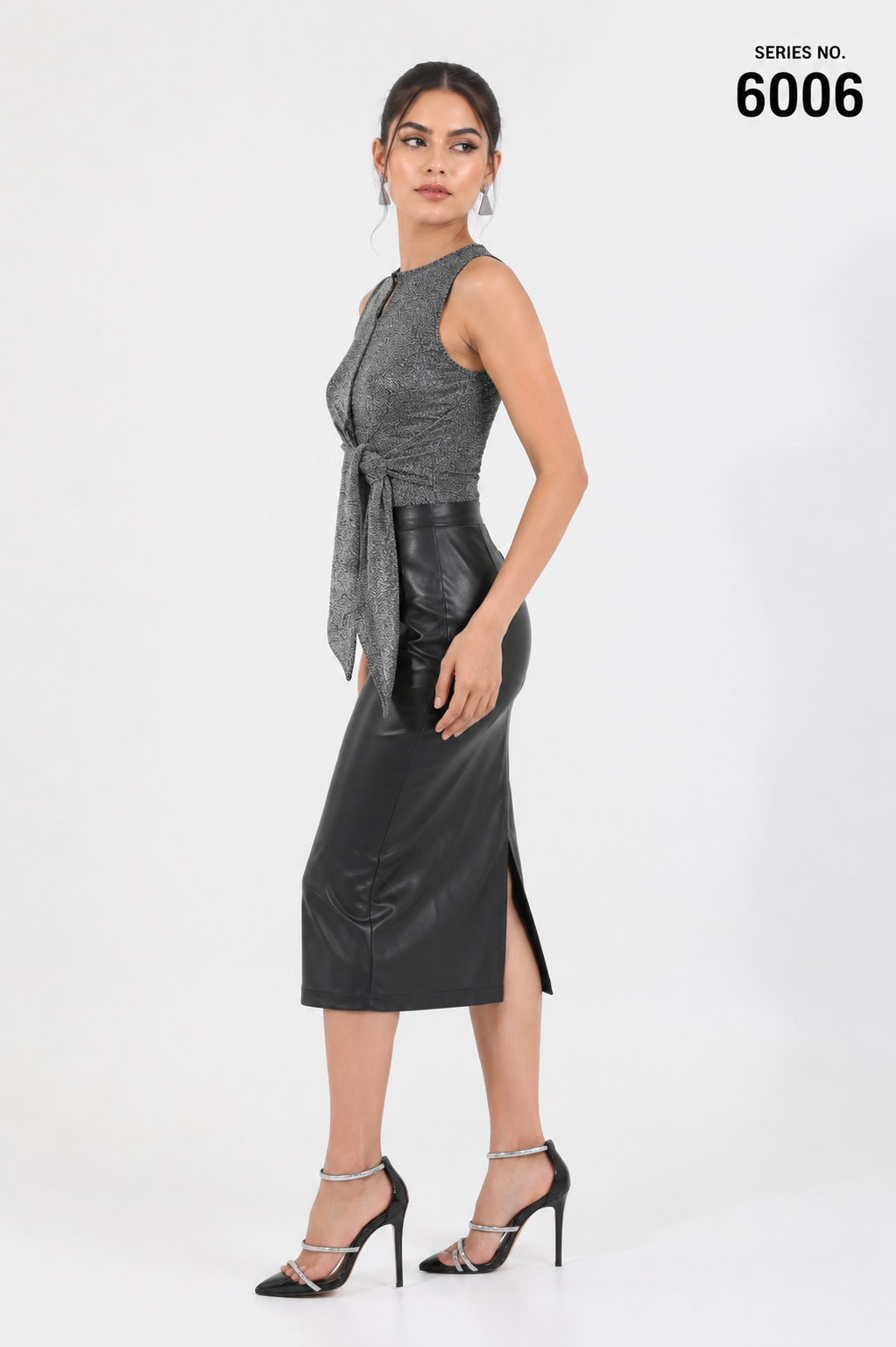YJ FASHION Gunmetal Shimmer Front Tie Top with Faux Leather Slit Midi Skirt Set - Series 6006