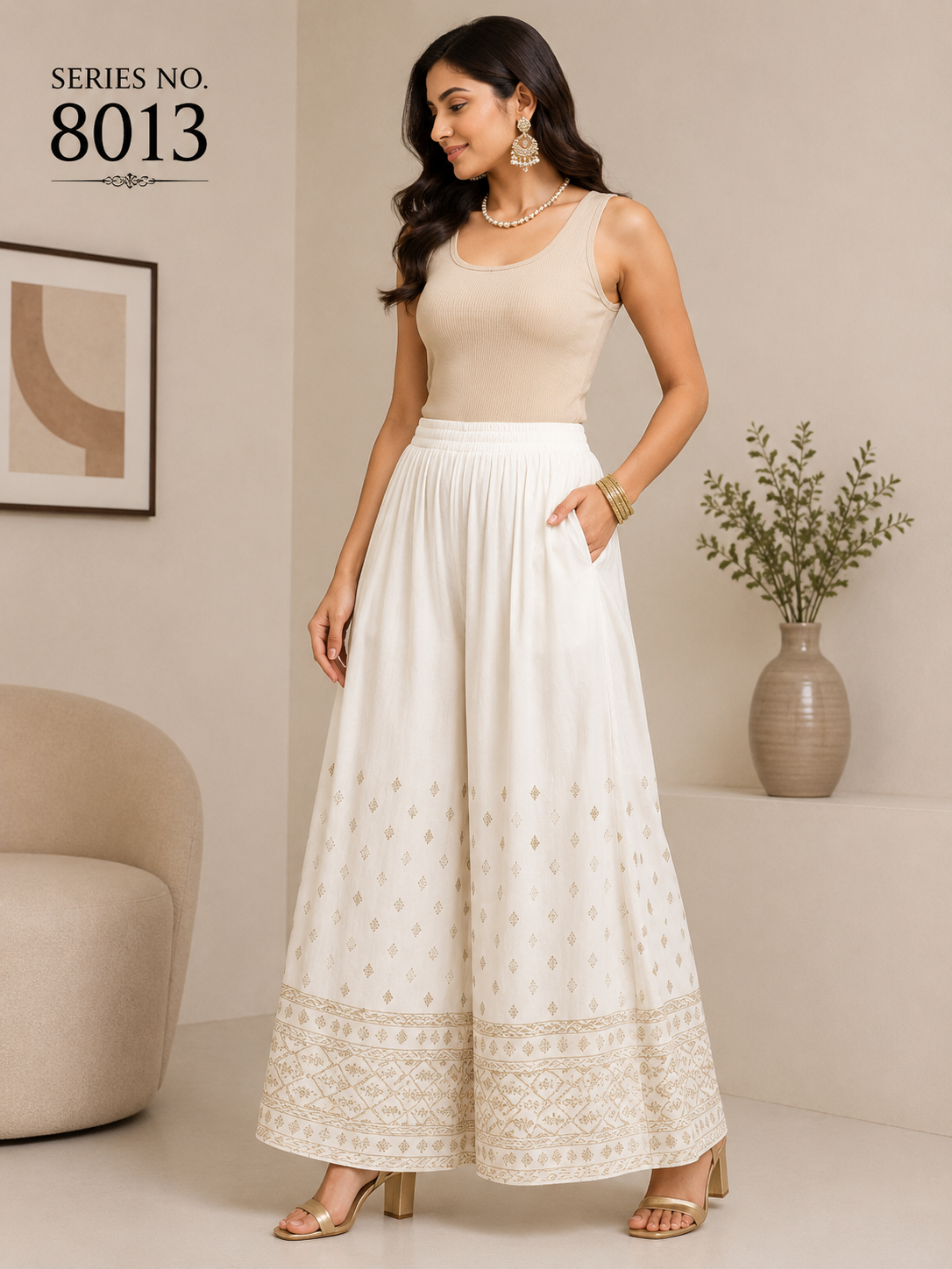 YJ FASHION White Embroidered Border Wide Leg Palazzo Pants