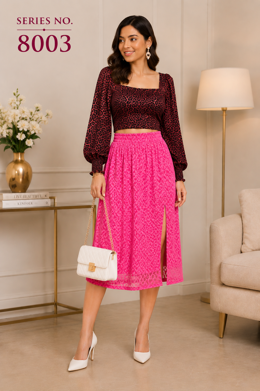 YJ FASHION Leopard Puff textured Sleeve Crop Top