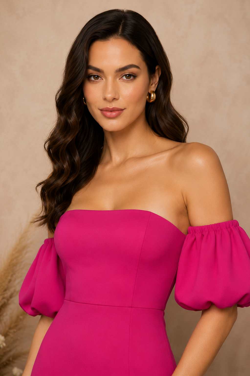 YJ FASHION Fuchsia Off-Shoulder Puff Sleeve Mermaid Midi Dress - Series 4007