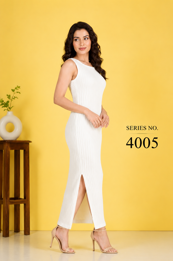YJ FASHION White Sleeveless Ribbed Bodycon Midi Dress with Front Slit - Series 4005