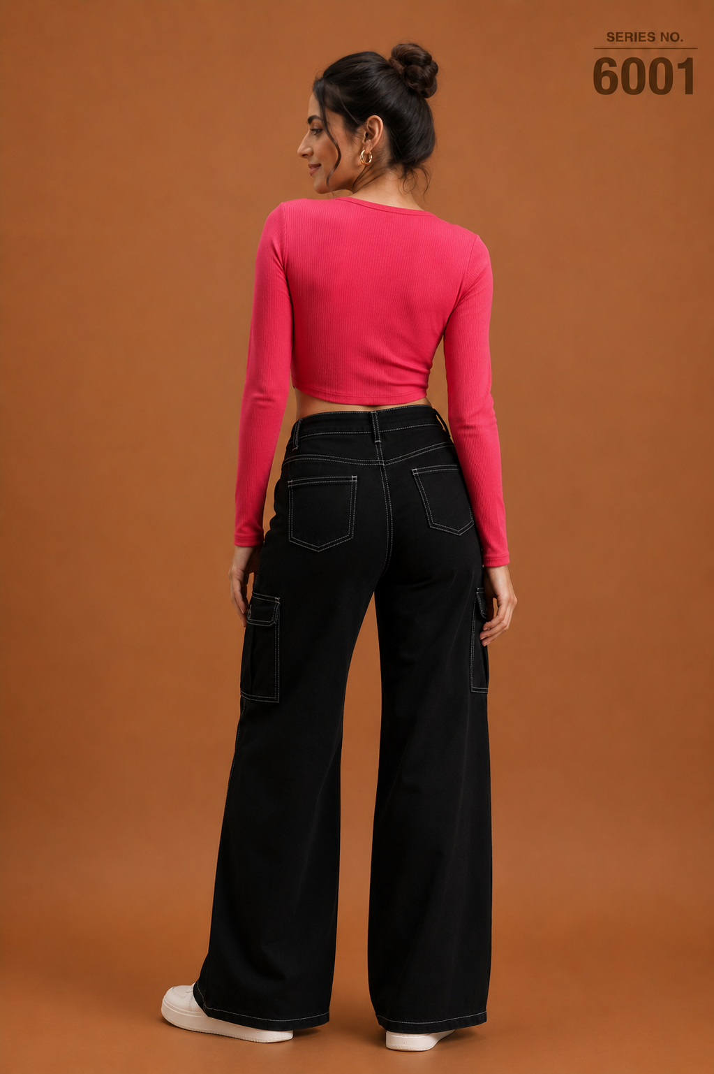 YJ FASHION Hot Pink Full Sleeve Curved Hem Crop Top with Black Cargo Pants Set - Series 6001