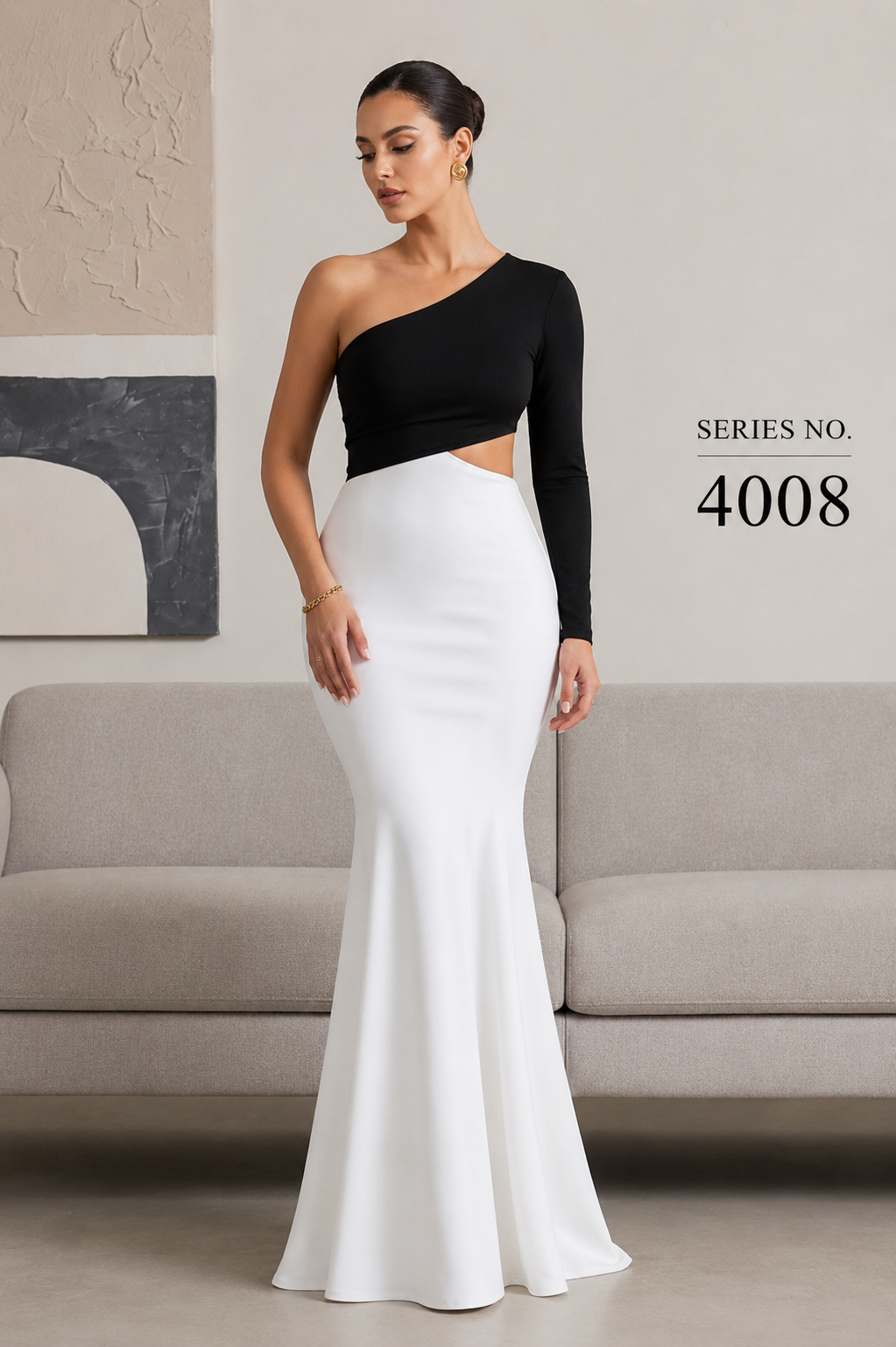 YJ FASHION Black & White One-Shoulder Cut-Out Mermaid Maxi Gown - Series 4008